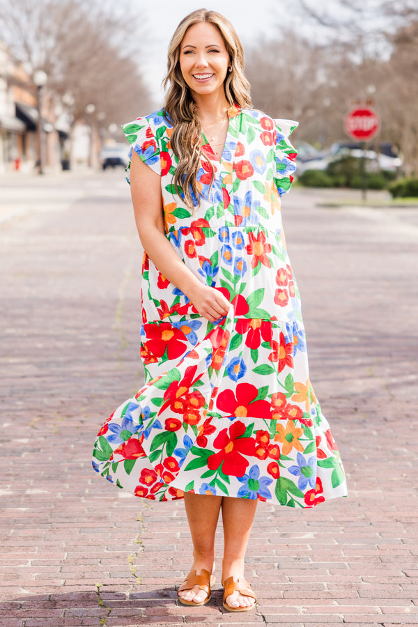 Chic Soul plus size clothing, white floral multi print midi dress with ruffle sleeves with v neckline and pockets