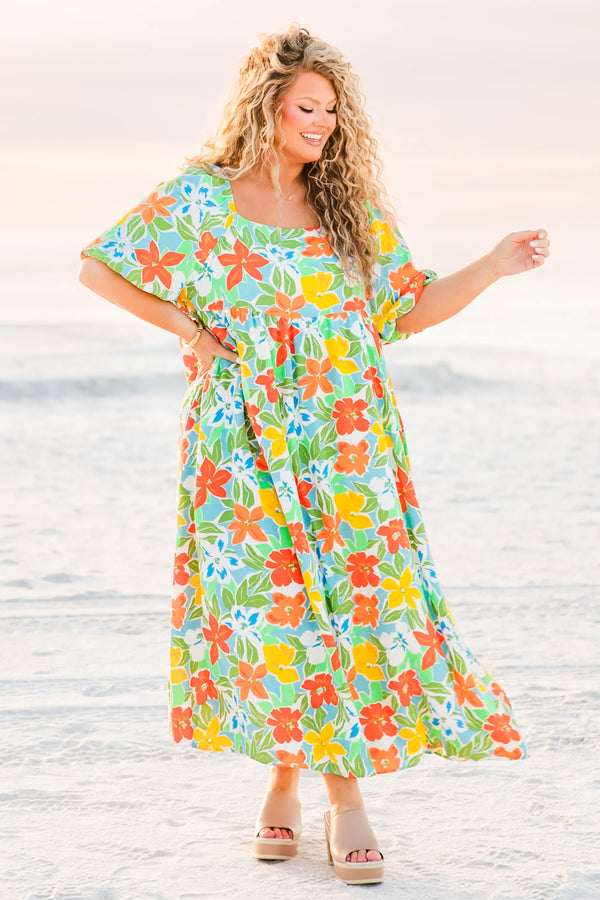 Chic Soul plus size clothing, blue maxi dress with multicolored floral print with synch waist with puff sleeves and square neck