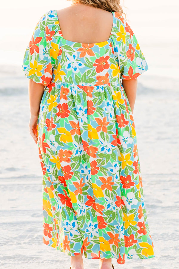 Chic Soul plus size clothing, blue maxi dress with multicolored floral print with synch waist with puff sleeves and square neck