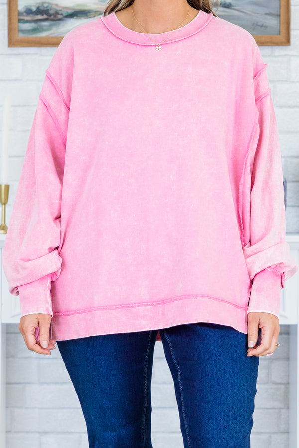 Chic Soul plus size clothing, long-sleeve mauve pink acid wash pullover sweatshirt with crew neckline