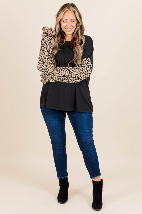 Chic Soul plus size clothing, black top with taupe leopard pattern bubble sleeves