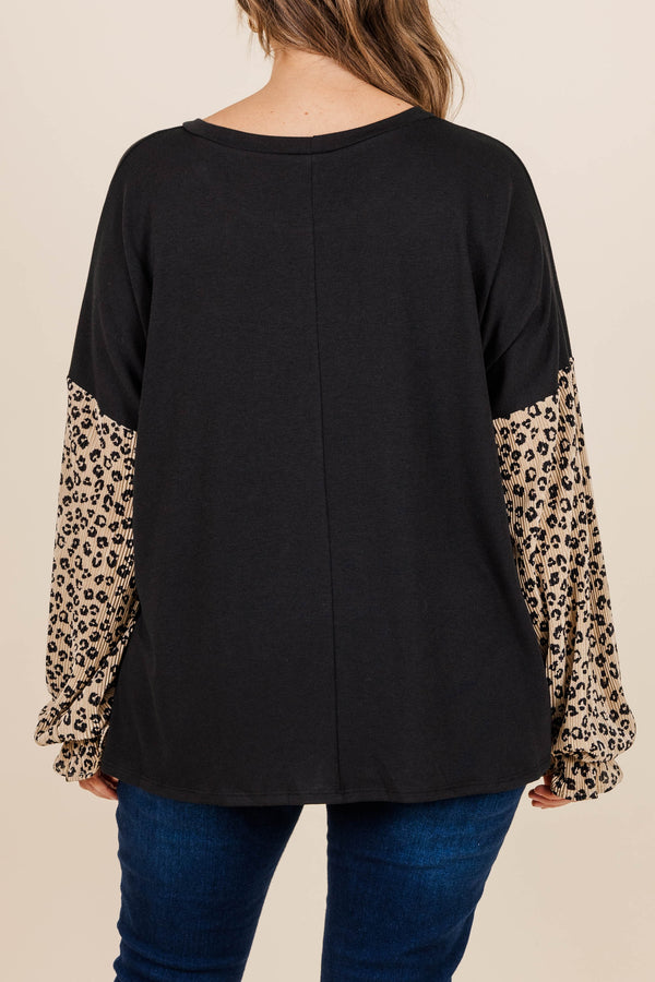 Chic Soul plus size clothing, black top with taupe leopard pattern bubble sleeves