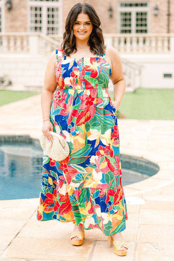 Chic Soul plus size clothing, red tropical floral midi dress with button detailing at the top