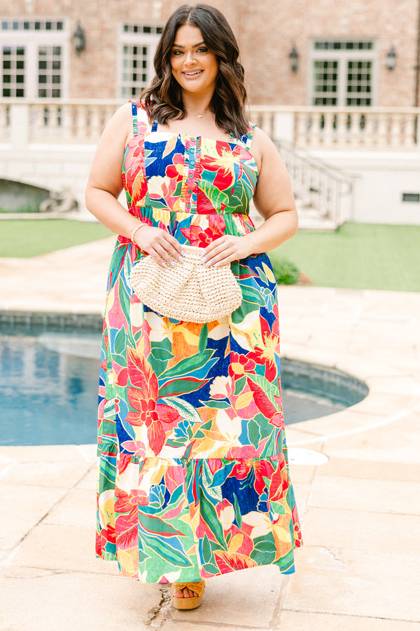 Chic Soul plus size clothing, red tropical floral midi dress with button detailing at the top