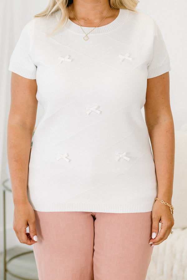 Chic Soul plus size clothing, white short sleeve crewneck sweater with attached small white bows
