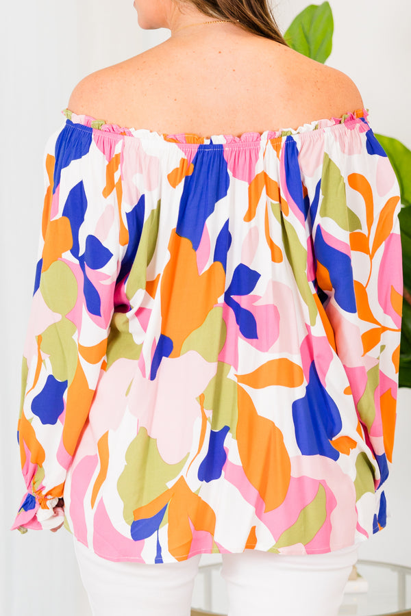 Chic Soul plus size clothing, pink multi off the shoulder top with long sleeves and abstract print
