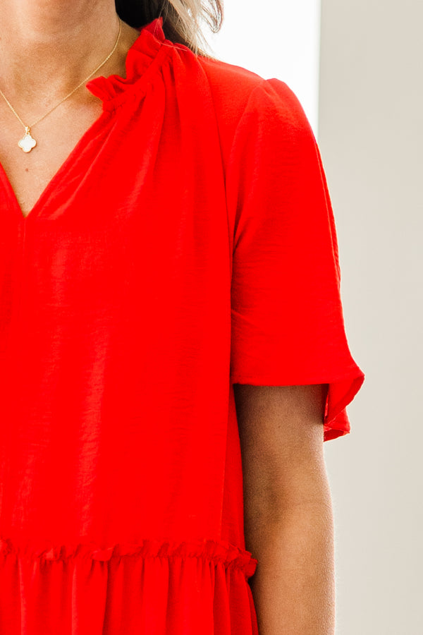 Chic Soul plus size clothing, short-sleeve bright red ruffled tiered baby doll short dress with a split-v-neckline 
