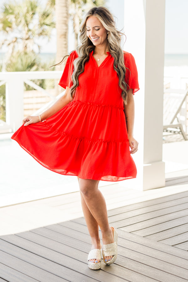 Chic Soul plus size clothing, short-sleeve bright red ruffled tiered baby doll short dress with a split-v-neckline 