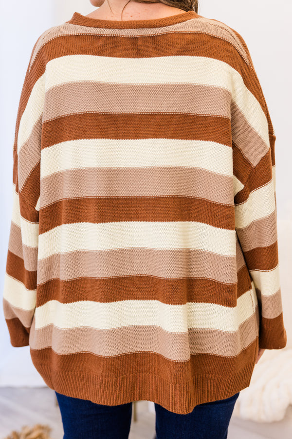 Chic Soul plus size clothing, brown short long sleeve knit cardigan with horizontal stripes in brown/tan/off white