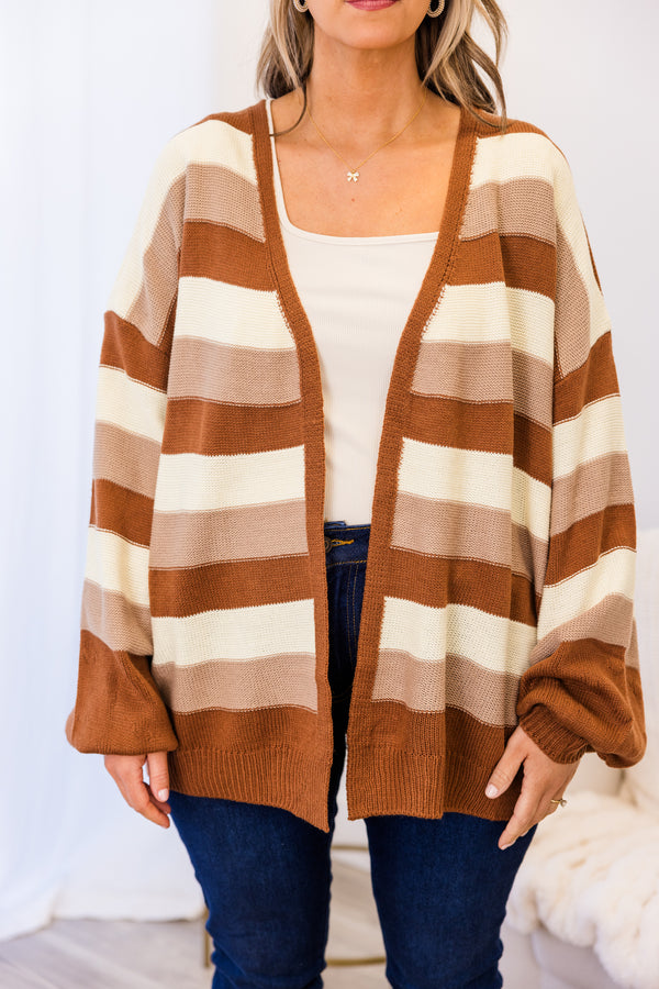 Chic Soul plus size clothing, brown short long sleeve knit cardigan with horizontal stripes in brown/tan/off white