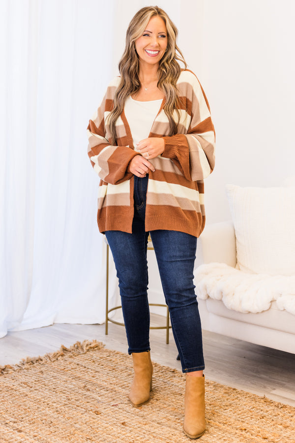 Chic Soul plus size clothing, brown short long sleeve knit cardigan with horizontal stripes in brown/tan/off white