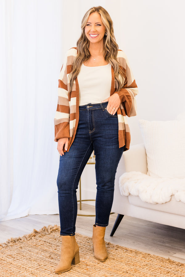 Chic Soul plus size clothing, brown short long sleeve knit cardigan with horizontal stripes in brown/tan/off white