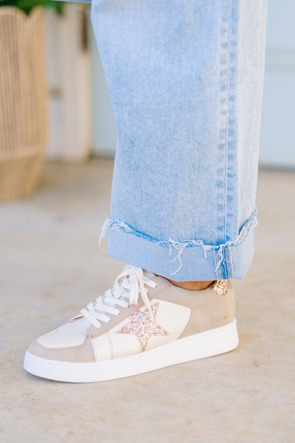 Chic Soul plus size clothing, white and tan sneakers with gold star