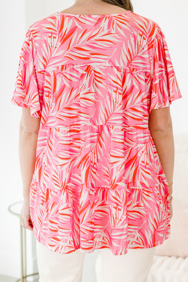Chic Soul plus size clothing, pink multi tropical print short sleeve tiered top with round neckline 