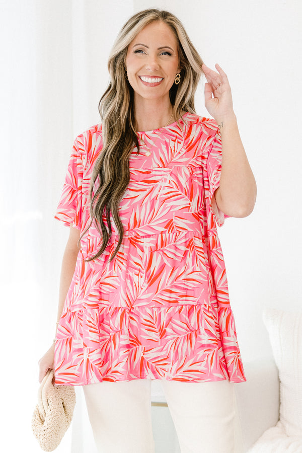 Chic Soul plus size clothing, pink multi tropical print short sleeve tiered top with round neckline 