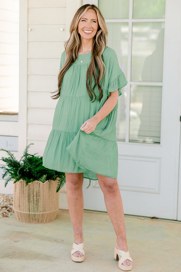 Chic Soul plus size clothing, short flowy ruffled sleeve sage green ruffled baby doll dress with a high-scoop-neckline