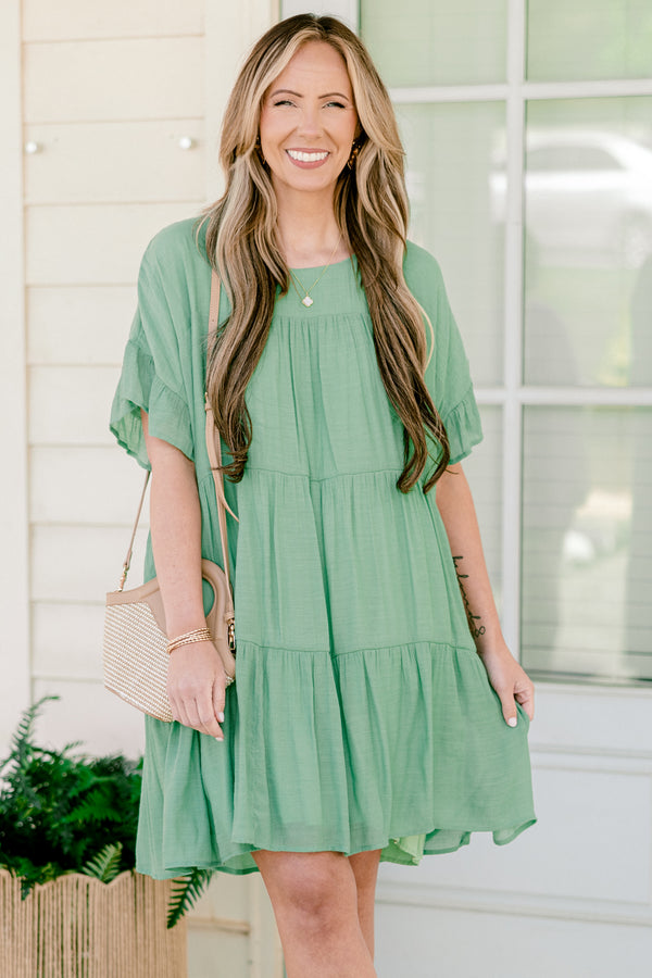 Chic Soul plus size clothing, short flowy ruffled sleeve sage green ruffled baby doll dress with a high-scoop-neckline