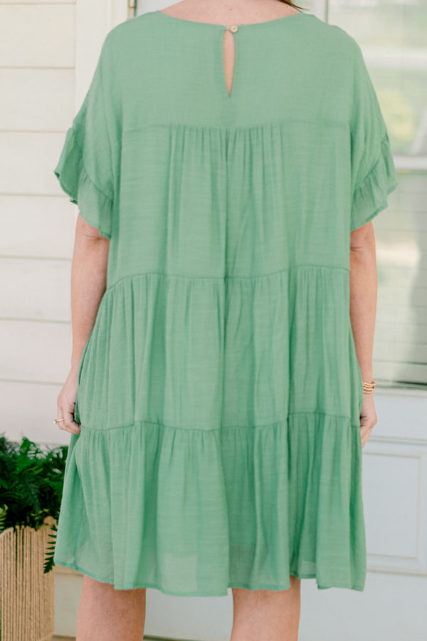 Chic Soul plus size clothing, short flowy ruffled sleeve sage green ruffled baby doll dress with a high-scoop-neckline