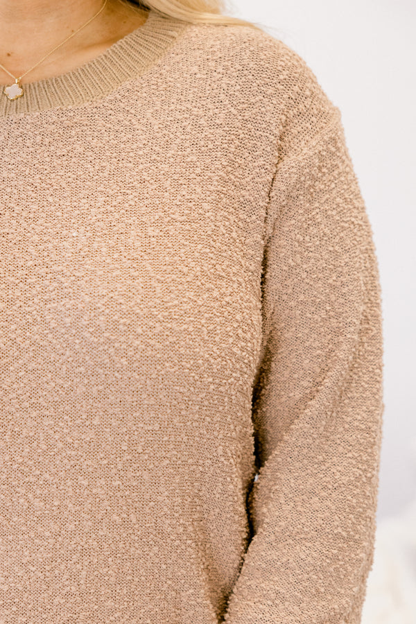 Plus Size brown popcorn knit sweater dress with long sleeves, ribbed trim, and a crew neckline.