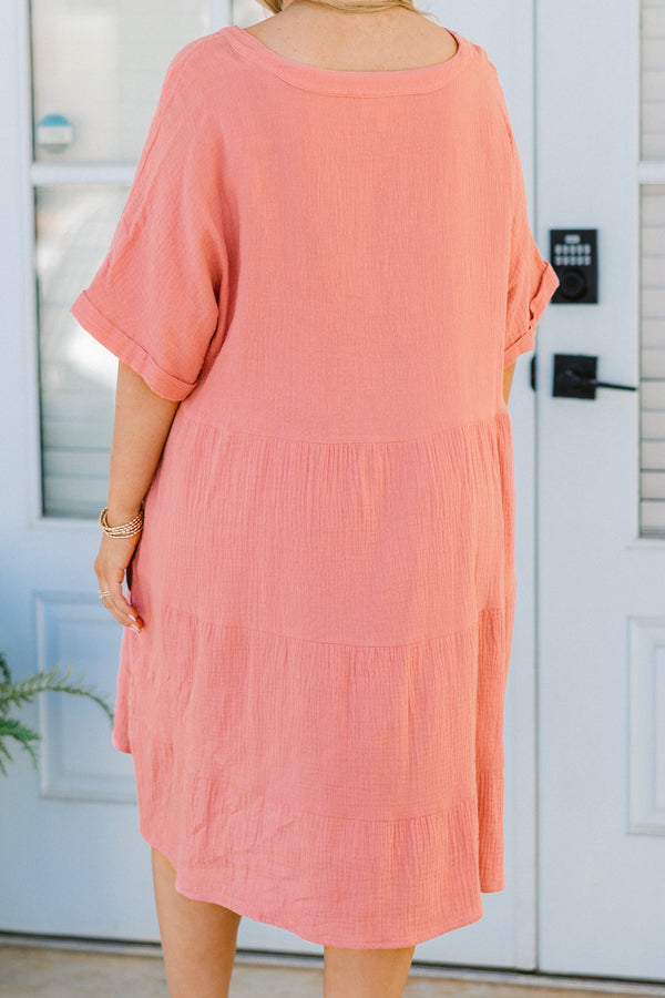 Chic Soul plus size clothing, short-cuffed-sleeve french rose pink flowy dress with a split-deep-v-neckline and subtle fraying 