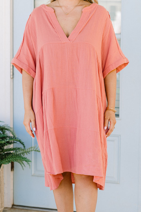 Chic Soul plus size clothing, short-cuffed-sleeve french rose pink flowy dress with a split-deep-v-neckline and subtle fraying 