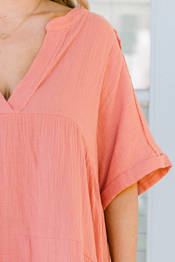 Chic Soul plus size clothing, short-cuffed-sleeve french rose pink flowy dress with a split-deep-v-neckline and subtle fraying 