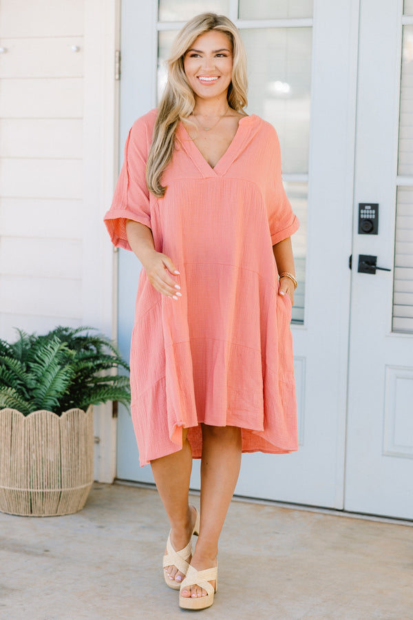 Chic Soul plus size clothing, short-cuffed-sleeve french rose pink flowy dress with a split-deep-v-neckline and subtle fraying 