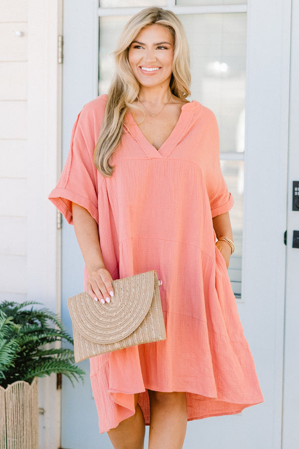 Chic Soul plus size clothing, short-cuffed-sleeve french rose pink flowy dress with a split-deep-v-neckline and subtle fraying 