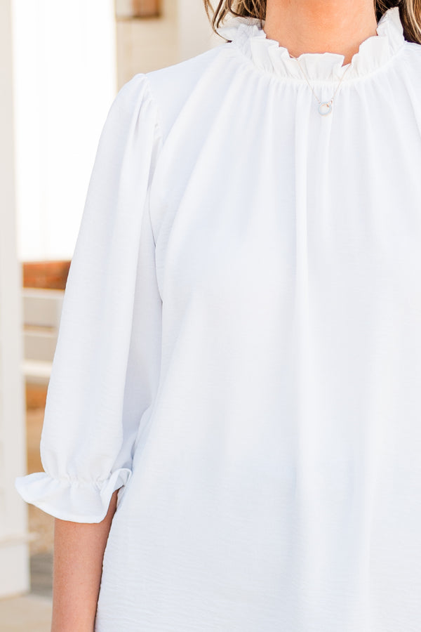 Chic Soul plus size clothing, off white three quarter length sleeve with ruffle detail along cuff of sleeves and neckline