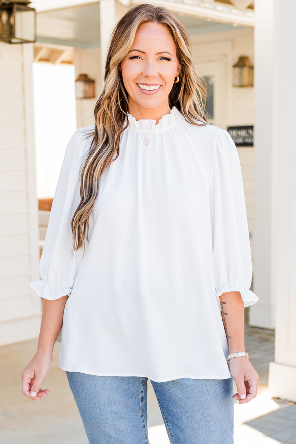 Chic Soul plus size clothing, off white three quarter length sleeve with ruffle detail along cuff of sleeves and neckline