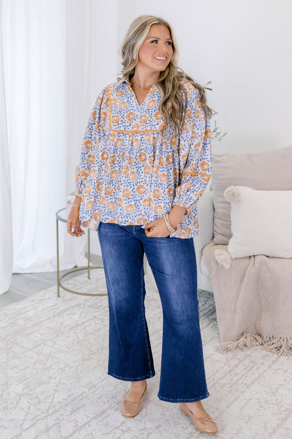 Chic Soul plus size clothing, blue and yellow floral print long sleeve baby doll top with v neck cutout 