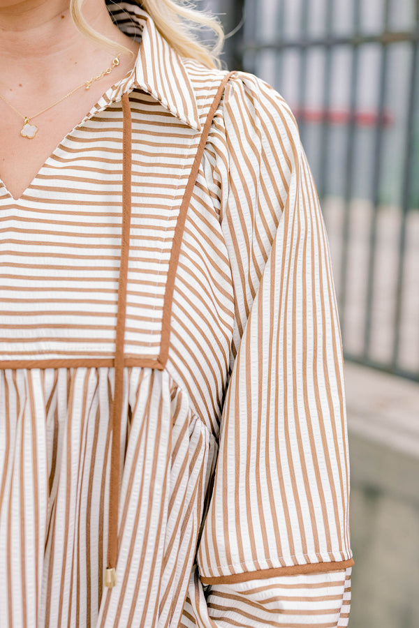 Chic Soul plus size clothing, long sleeve brown and white pinstripe collared blouse with tassels at the neckline