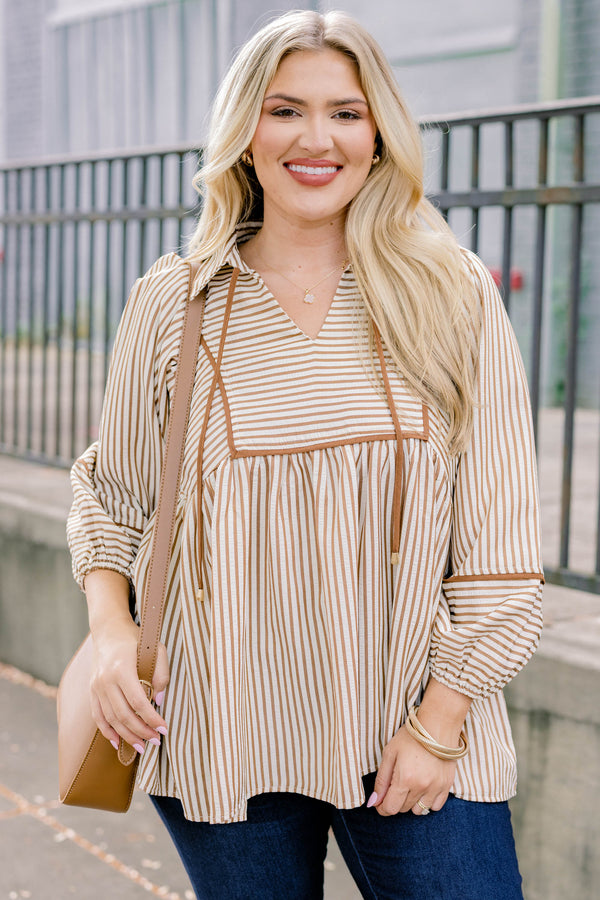 Chic Soul plus size clothing, long sleeve brown and white pinstripe collared blouse with tassels at the neckline