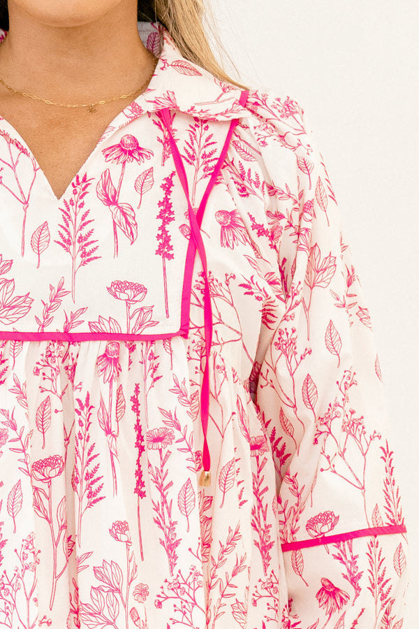Chic Soul plus size clothing, white and pink toile long sleeve top with brighter pink outline along the chest and sleeves