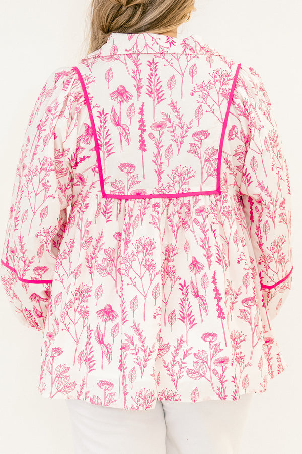 Chic Soul plus size clothing, white and pink toile long sleeve top with brighter pink outline along the chest and sleeves