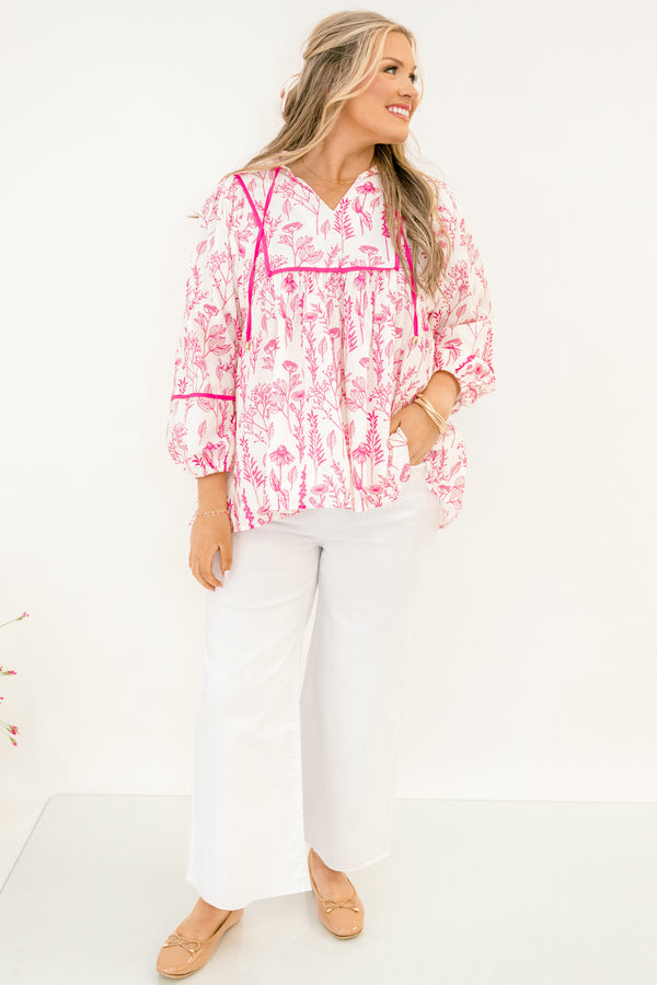 Chic Soul plus size clothing, white and pink toile long sleeve top with brighter pink outline along the chest and sleeves