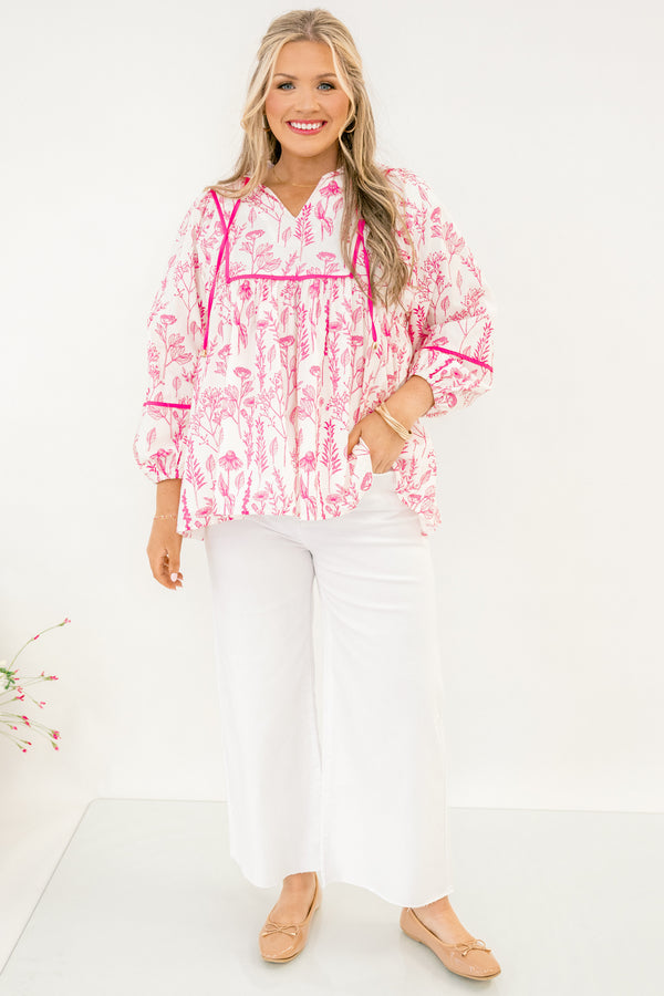 Chic Soul plus size clothing, white and pink toile long sleeve top with brighter pink outline along the chest and sleeves