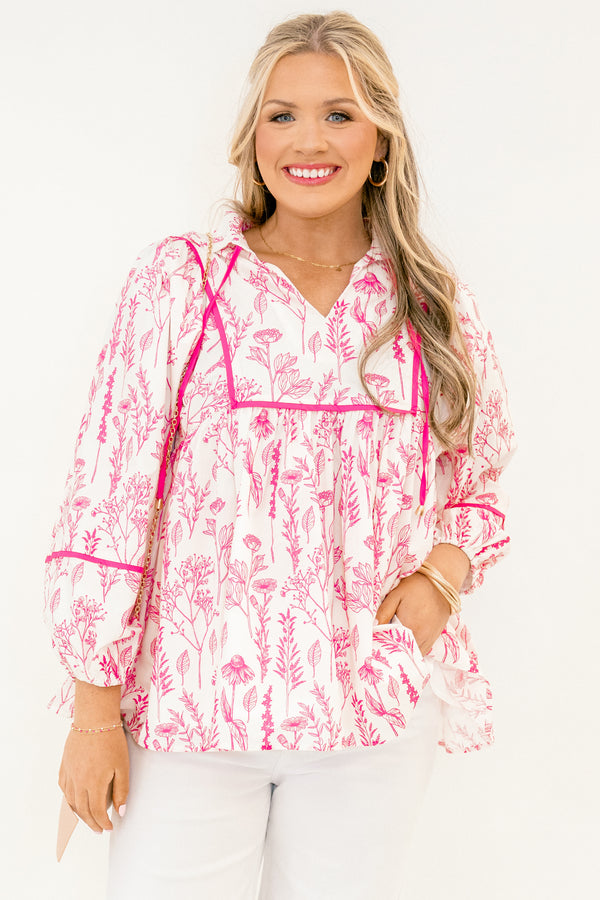 Chic Soul plus size clothing, white and pink toile long sleeve top with brighter pink outline along the chest and sleeves