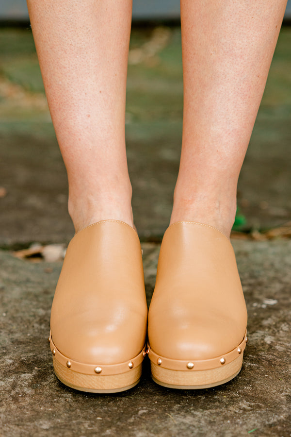 Chic Soul plus size clothing, tan closed toe clogs with stud accents