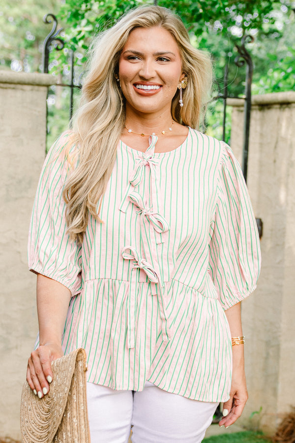 Chic Soul plus size clothing, pink short puff sleeve babydoll top with thin green vertical stripes and three bow ties along the front