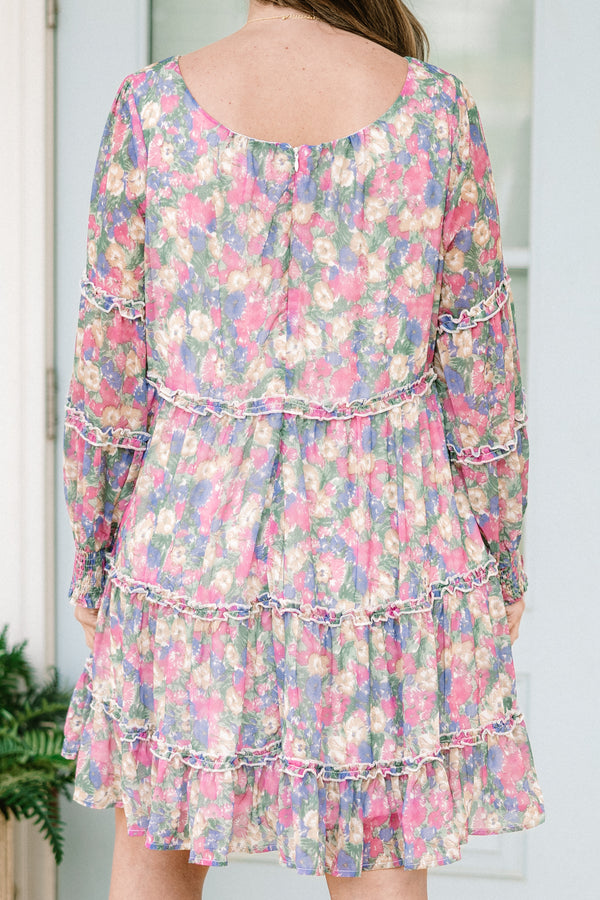 chic soul plus size clothing, purple short dress, with a multi-colored floral pattern, slight v-neck and long sleeves 