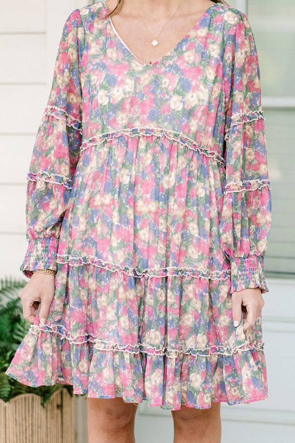chic soul plus size clothing, purple short dress, with a multi-colored floral pattern, slight v-neck and long sleeves 