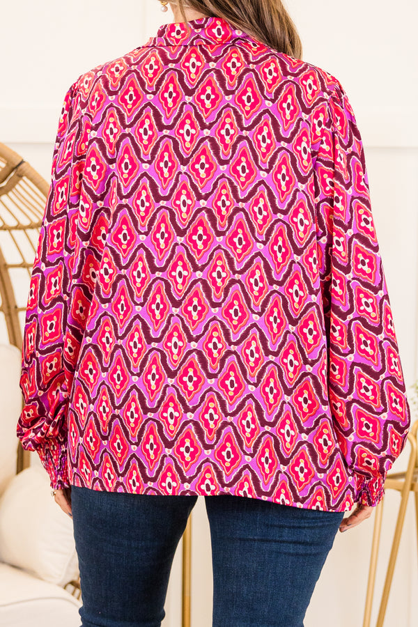 Chic Soul plus size clothing, fuchsia long sleeve abstract print faux button up top with v neckline with collar detail with smocked cuff sleeves