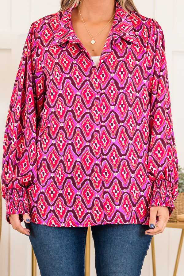 Chic Soul plus size clothing, fuchsia long sleeve abstract print faux button up top with v neckline with collar detail with smocked cuff sleeves