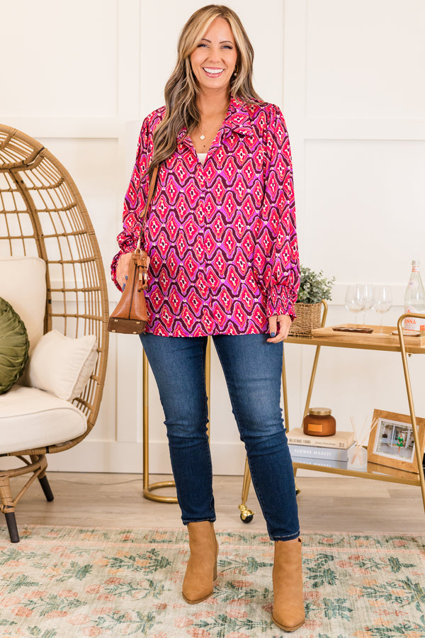 Chic Soul plus size clothing, fuchsia long sleeve abstract print faux button up top with v neckline with collar detail with smocked cuff sleeves