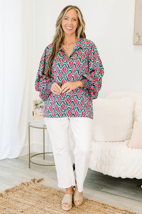 Chic Soul plus size clothing, teal and red abstract patterned long-puff sleeve collared top