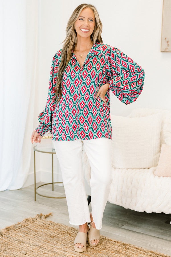 Chic Soul plus size clothing, teal and red abstract patterned long-puff sleeve collared top