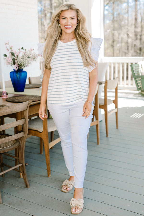Chic Soul plus size clothing, short-flutter-sleeve navy ivory striped top with a high-scoop-neckline 