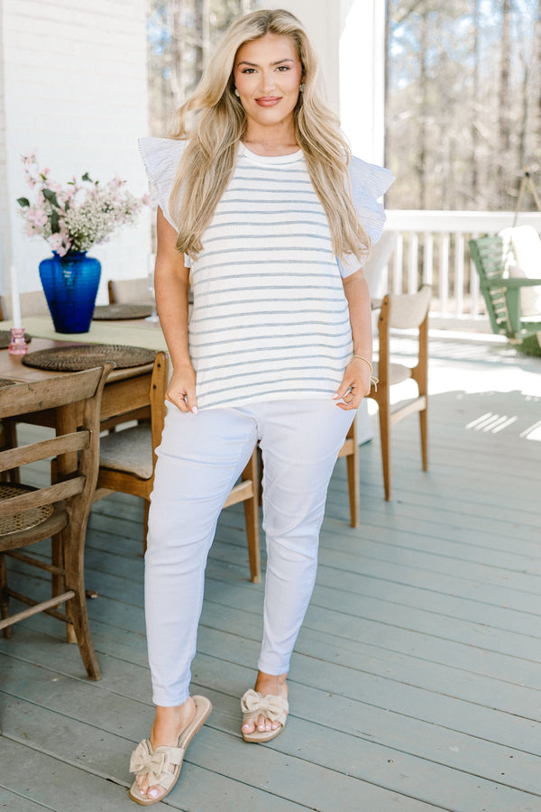Chic Soul plus size clothing, short-flutter-sleeve navy ivory striped top with a high-scoop-neckline 