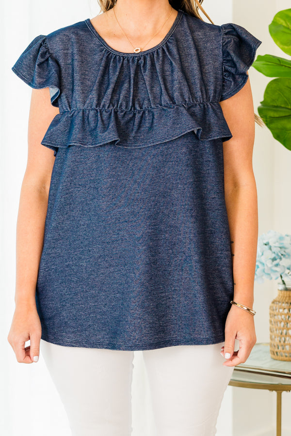Chic Soul plus size clothing, dark blue blouse with ruffled details